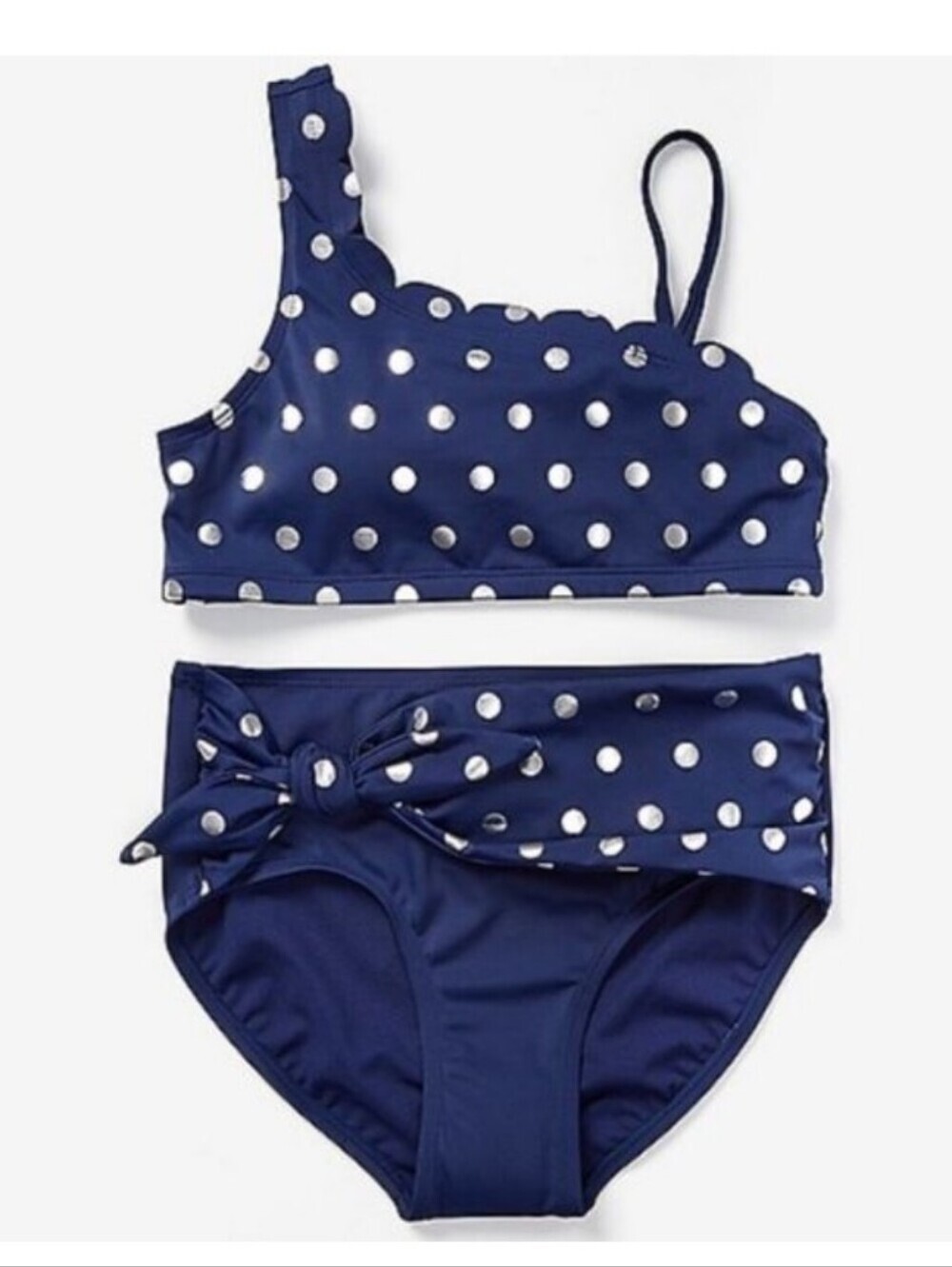 Justice Navy/Gold Foil dot scalloped one shoulder bikini Size 14 NWT